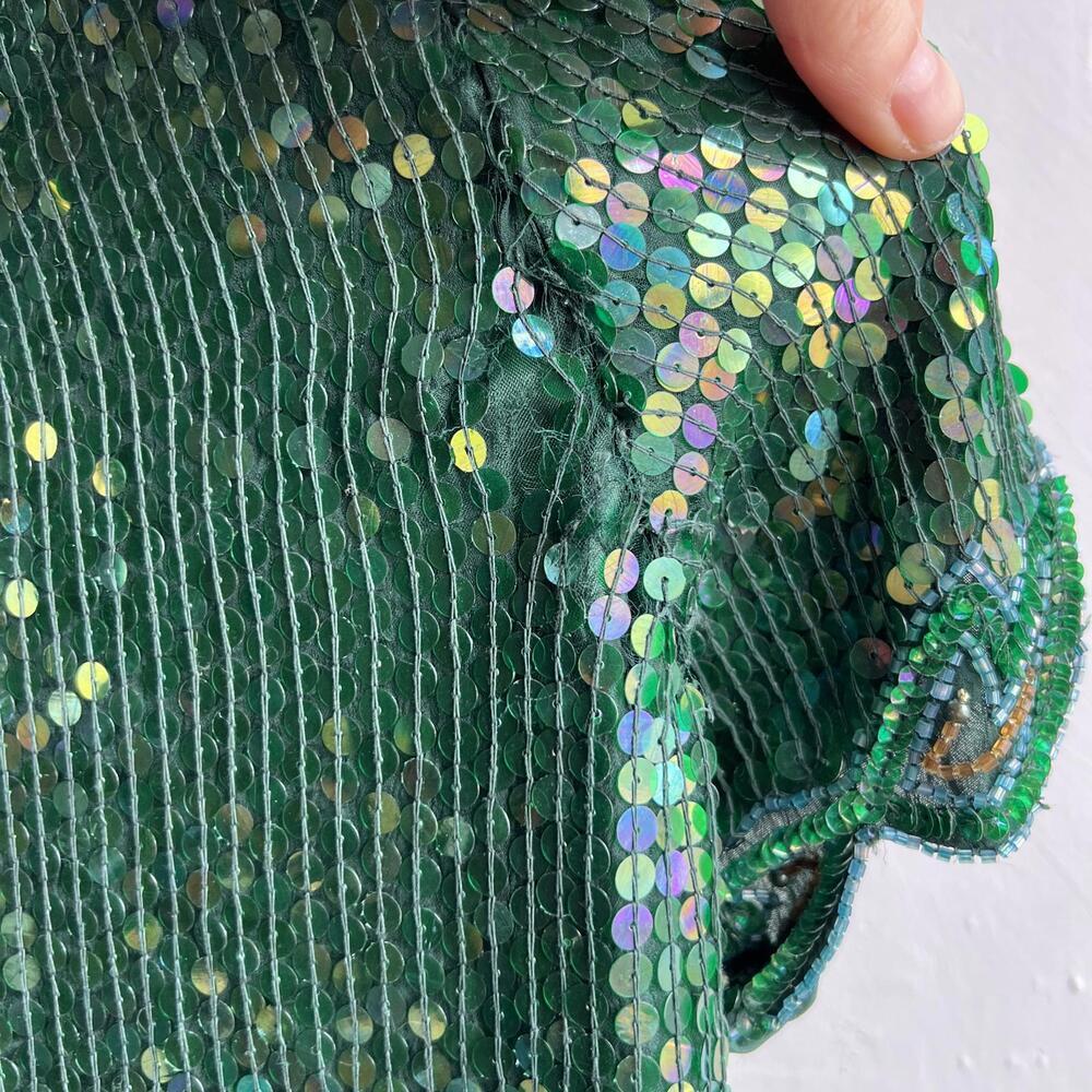 Vintage Braemar Silk Sequin Beaded Top Green 80s Evening M - Picture 9 of 14